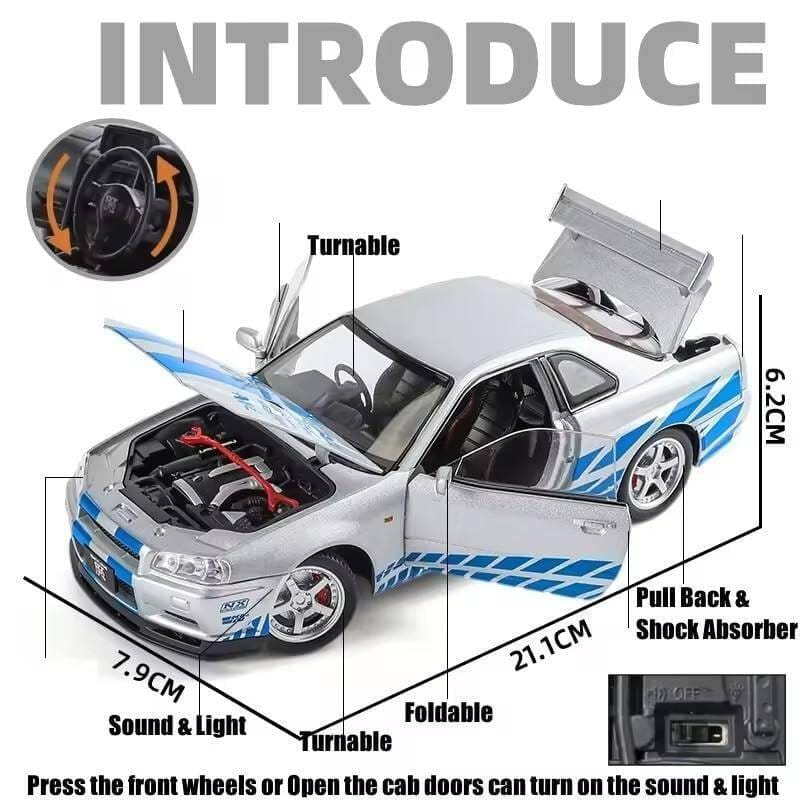 Picture of 1:24 Scale Nissan Skyline GTR-R34 Diecast Models Alloy Diecast Toy Car Model Sound Light Pull Back Car Toy for Kids (Silver) - Multicolor