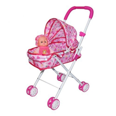 Picture of HARIHOME Baby Doll Stroller Foldable Baby Pram Trolley with Dolls for Girls and Boys Toys - Pink