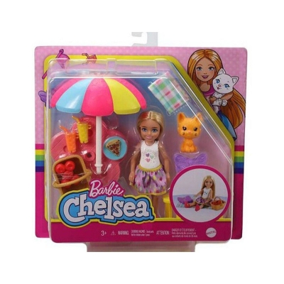 Picture of Barbie Chelsea Picnic Playset with Chelsea Doll (6-Inch Blonde), Pet Kitty and Accessories- HCK66 - Pink