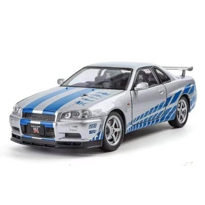 Picture of 1:24 Scale Nissan Skyline GTR-R34 Diecast Models Alloy Diecast Toy Car Model Sound Light Pull Back Car Toy for Kids (Silver) - Multicolor