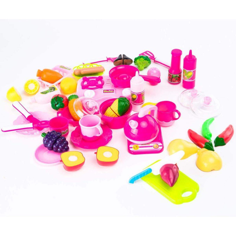 Picture of 42 Piece Kitchen Cooking Set Girls Boys Fruit Vegetable Tea Playset Toy for Kids Early Age Development Educational Pretend Play Food Assortment Set - Pink