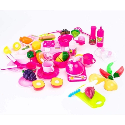 Picture of 42 Piece Kitchen Cooking Set Girls Boys Fruit Vegetable Tea Playset Toy for Kids Early Age Development Educational Pretend Play Food Assortment Set - Pink