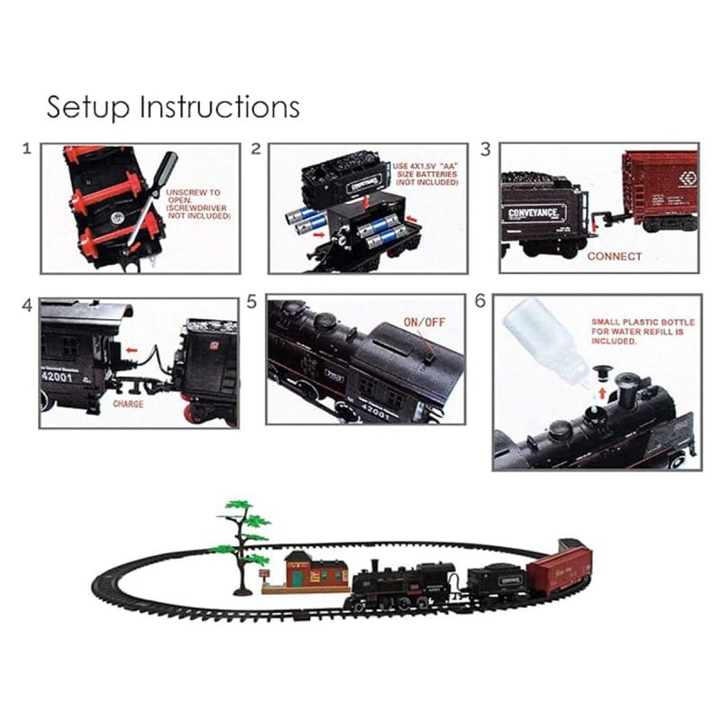 Picture of Rail King Train Set Toy with Smoke, Light, Locomotive, Cargo Car, and Tracks Powered by Battery - Multicolor