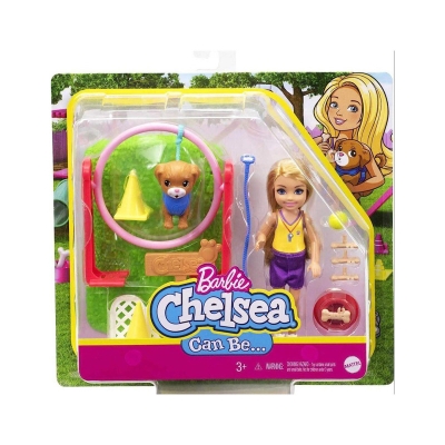 Picture of Barbie doll  Chelsea Can Be Dog Trainer Playset with Blonde Chelsea Doll (6-in), Dog & Leash, Jumping Hoop, Obstacle Cones, Training Treats & More, Great Gift for Ages 3 Years Old & Up - Multicolor