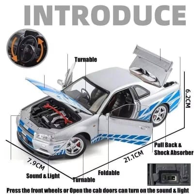 Picture of 1:24 Scale Nissan Skyline GTR-R34 Diecast Models Alloy Diecast Toy Car Model Sound Light Pull Back Car Toy for Kids (Silver) - Multicolor
