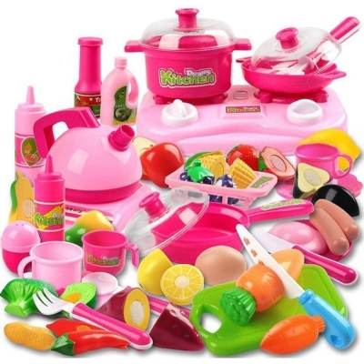 Picture of 42 Piece Kitchen Cooking Set Girls Boys Fruit Vegetable Tea Playset Toy for Kids Early Age Development Educational Pretend Play Food Assortment Set - Pink
