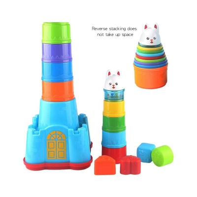 Picture of Haijin Children Stacking Cups Toy Beach Set Castle Game Baby Color Recognition and Shape Classification Storage Base Preschool Education for Infants Girls and Boys - Multicolor