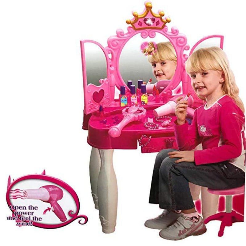 Picture of Little Princess Mirror Dressing Table Up With Music Sound And Light Glamour Beauty Makeup Pretend Role Play Set Toy For Kids - Pink