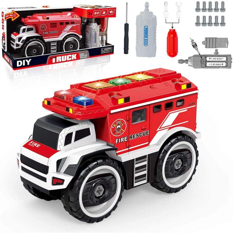Picture of DIY Electric Fire Truck for kids with Flashing Lights & Siren Sounds & Electric Drill - Red