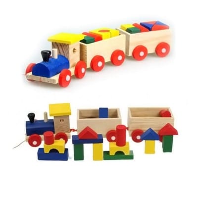 Picture of Toy Set Wooden Three Section Train Vehicle Block Set Shapes Colors Learning Kids - Multicolor