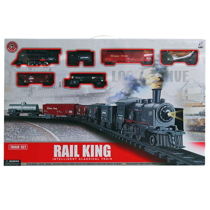 Picture of Rail King Train Set Toy with Smoke, Light, Locomotive, Cargo Car, and Tracks Powered by Battery - Multicolor