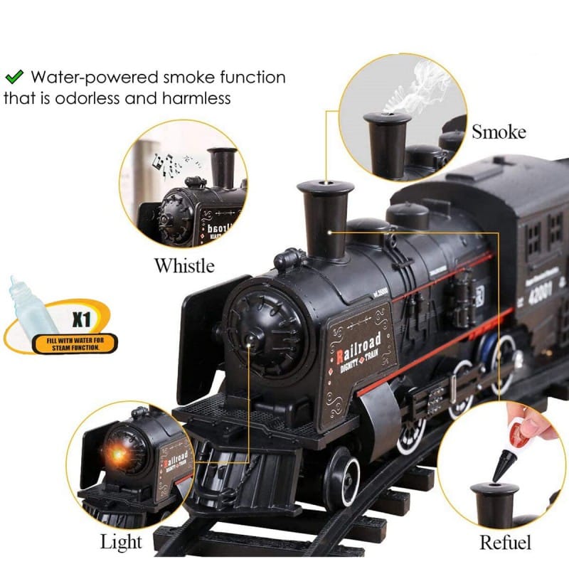 Picture of Rail King Train Set Toy with Smoke, Light, Locomotive, Cargo Car, and Tracks Powered by Battery - Multicolor