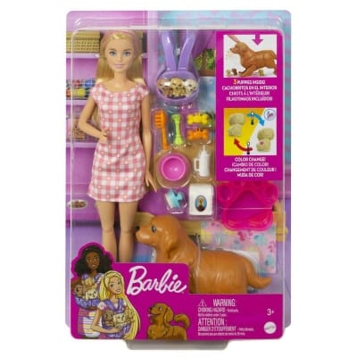 Picture of Barbie Doll and Newborn Pets Playset Doll (Blonde, 11.5 in) Mommy pet with Birthing Feature 3 Pets & Nurturing Accessories-HCK75 - Multicolor