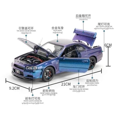 Picture of 1:24 Scale Nissan Skyline GTR-R34 Diecast Models Alloy Diecast Toy Car Model Sound Light Pull Back Car Toy for Kids (Purple) 