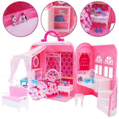 Picture of Deluxe Bedroom 2-in-1 Pink Portable Carry Handbag and Dollhouse with Princess Deluxe Bedroom Furniture