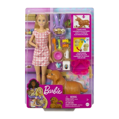 Picture of Barbie Doll and Newborn Pups Playset Doll (Blonde, 11.5 in) Mommy Dog with Birthing Feature, 3 Puppies & Nurturing Accessories, Gift for 3 to 7 Year Olds - Multicolor