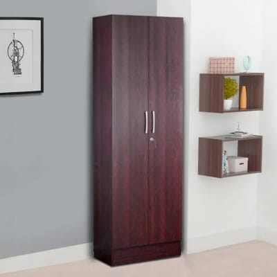 Picture of 2 Door Almira Wardrobe with Lock, Multiple Storage Shelves & Walnut Finish H178 × W52 × D30 cm