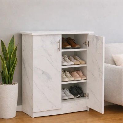 Picture of 2 Door Marble Pattern Shoe Rack Cabinet for Home, Stylish Footwear Storage Organizer H76 × W61 × D30 cm
