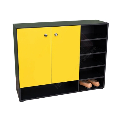 Picture of 2 Door Shoe Rack Cabinet, Black & Yellow Footwear Storage Organizer with Open Shelves H91 × W76 × D30 cm