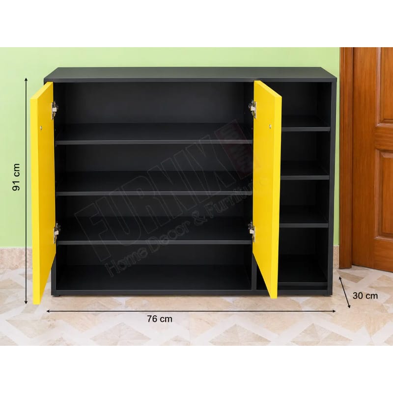 Picture of 2 Door Shoe Rack Cabinet, Black & Yellow Footwear Storage Organizer with Open Shelves H91 × W76 × D30 cm