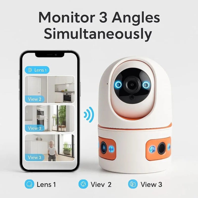 Picture of V380 3 Lens Indoor Smart WiFi Camera 15mp Full HD | 360° Pan Tilt Wireless IP Camera | Night Vision, Motion Detection & Two Way Audio - White