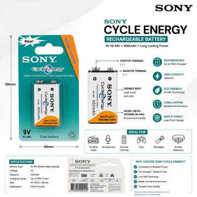 Picture of Sony Cycle Energy 9V Rechargeable Battery 450mAh | Long Life Ni-MH Rechargeable Battery - White