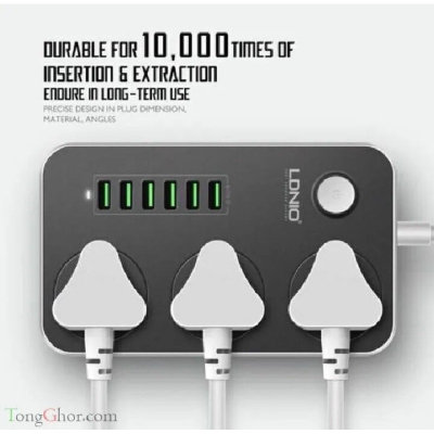Picture of LDNIO SC-3604 Power Strip with 6 USB Ports & 3 Universal Sockets | 3.4A Smart Charging | 2500W Surge Protector Extension Board - Grey