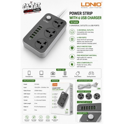 Picture of LDNIO SC-3604 Power Strip with 6 USB Ports & 3 Universal Sockets | 3.4A Smart Charging | 2500W Surge Protector Extension Board - Grey