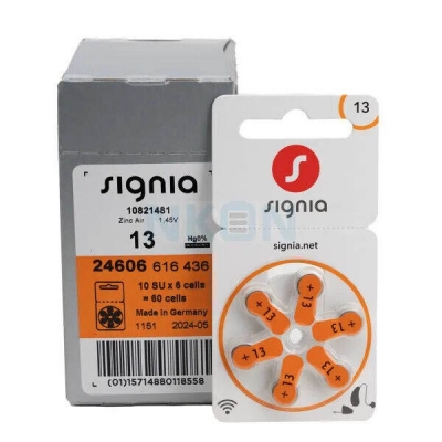 Picture of Signia Hearing Aid Battery Size 13 | 1.45V Zinc Air | Long Lasting | Mercury Free | 6 Batteries Pack | Orange Tab - Orange