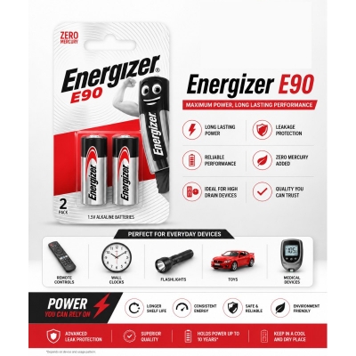 Picture of E90 N Alkaline Battery 2 Pack | 1.5V LR1 MN9100 GP910A Replacement | Long Lasting High Performance Battery | Camera Torch Toy Battery - Multicolor