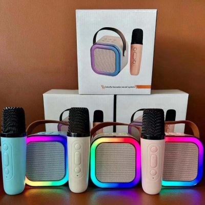 Picture of K12 Portable Bluetooth Karaoke Speaker with 2 Wireless Microphones | Bluetooth 5.3 | RGB LED Light | Rechargeable Mini KTV Speaker for Home Party Kids - Multicolor