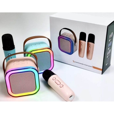 Picture of K12 Portable Bluetooth Karaoke Speaker with 2 Wireless Microphones | Bluetooth 5.3 | RGB LED Light | Rechargeable Mini KTV Speaker for Home Party Kids - Multicolor