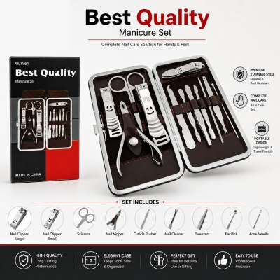 Picture of 12PCS Manicure Pedicure Set | Professional Stainless Steel Nail Clipper Kit - Silver
