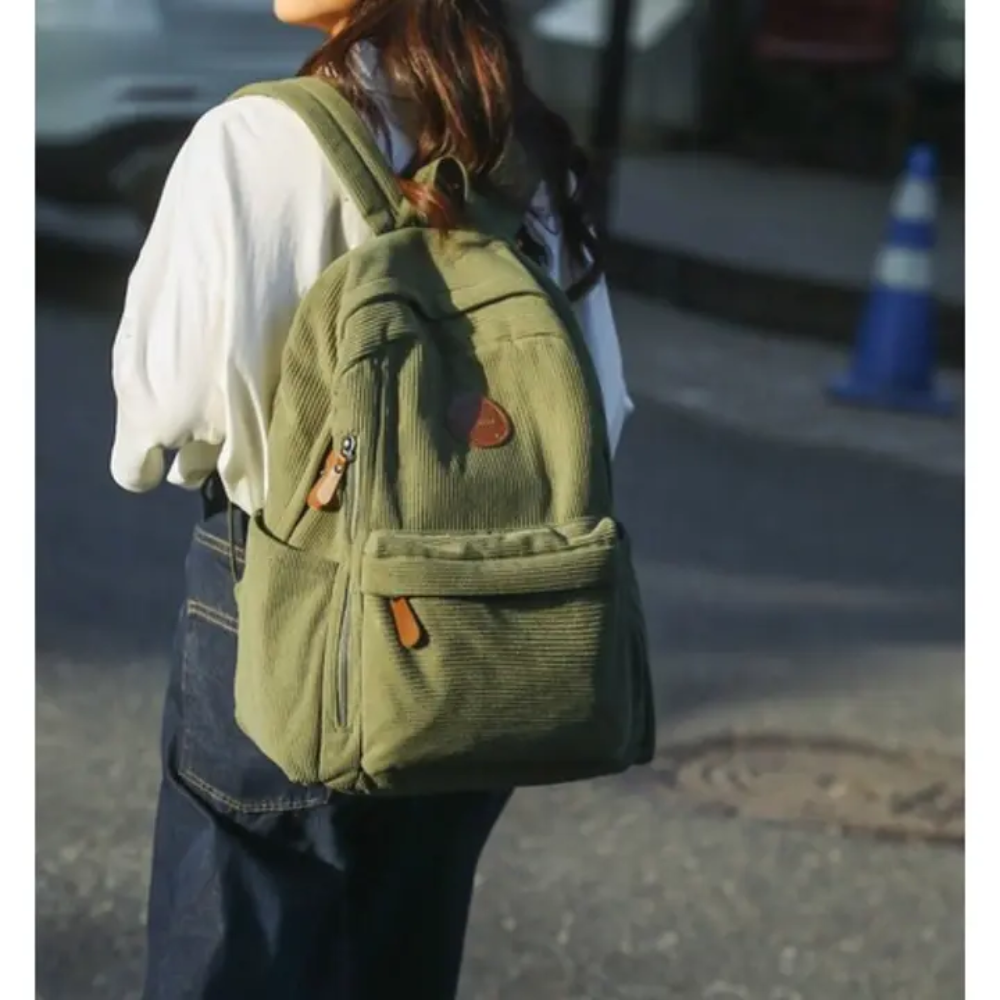 Picture of Olive Green Corduroy Backpack for Women & men  College 🎒