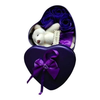 Picture of Valentine Day Love Gift -Heart Shape Gift Box (Flowers With Soft Teddy)-Purple