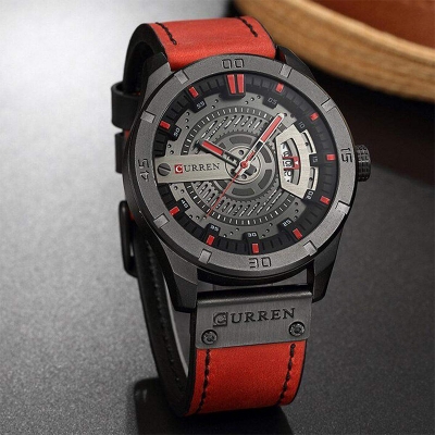 Picture of Curren 8301 - Leather Analog Watch for Men-Red-Red