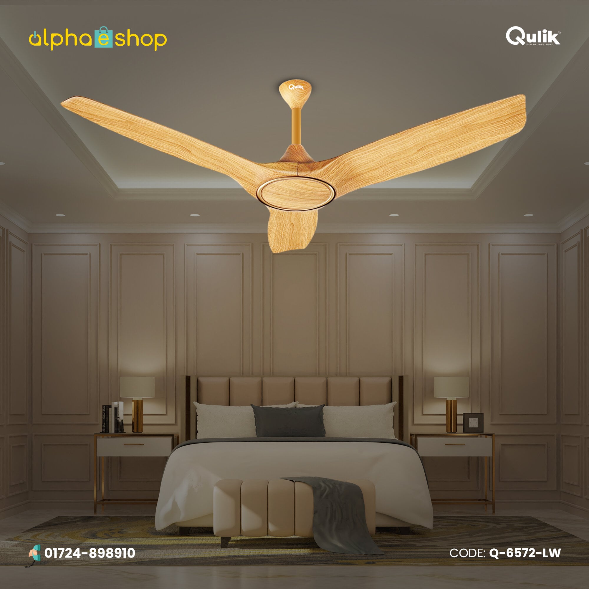 Picture of Qulik Aerovane 52" Modern Decorative Silent ABS Blade Remote Under Light Ceiling Fan (Dark Wooden) Q-6572-DW-UL | Free Delivery