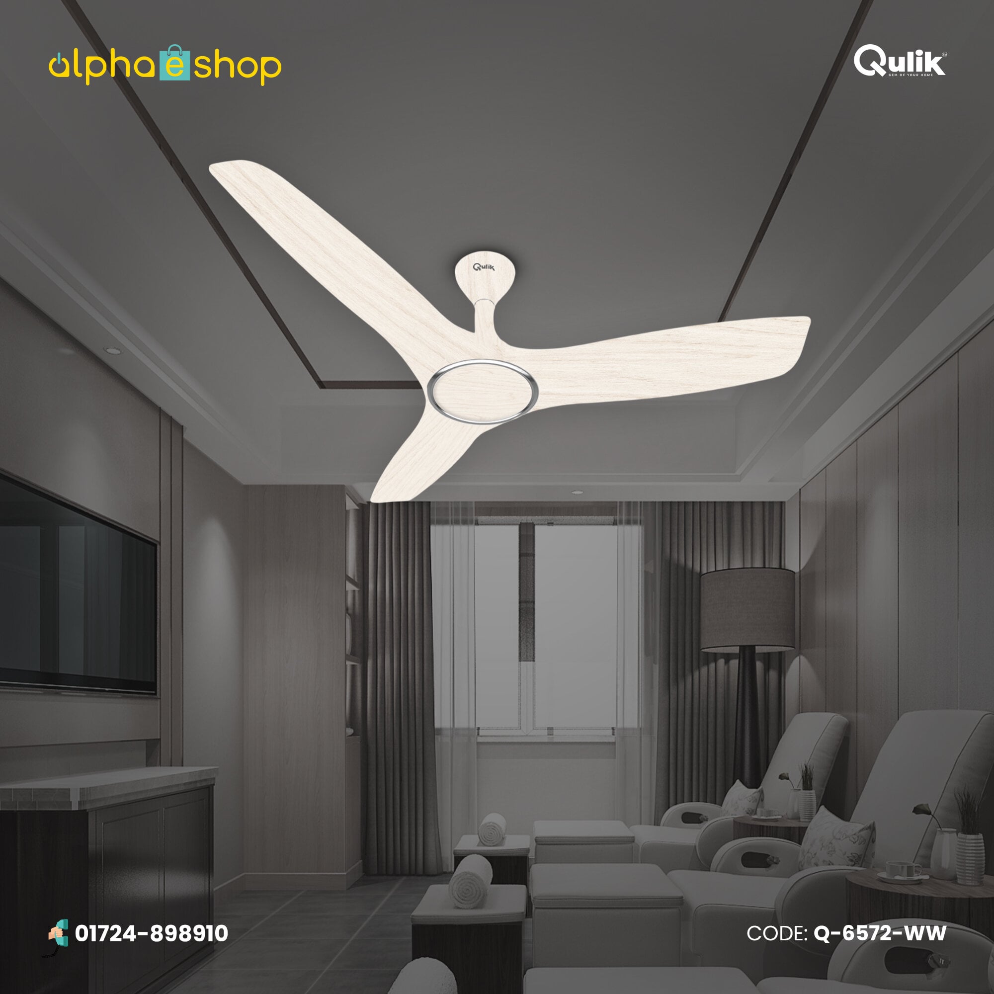 Picture of Qulik Aerovane 52" Modern Decorative Silent ABS Blade Remote Under Light Ceiling Fan (Dark Wooden) Q-6572-DW-UL | Free Delivery