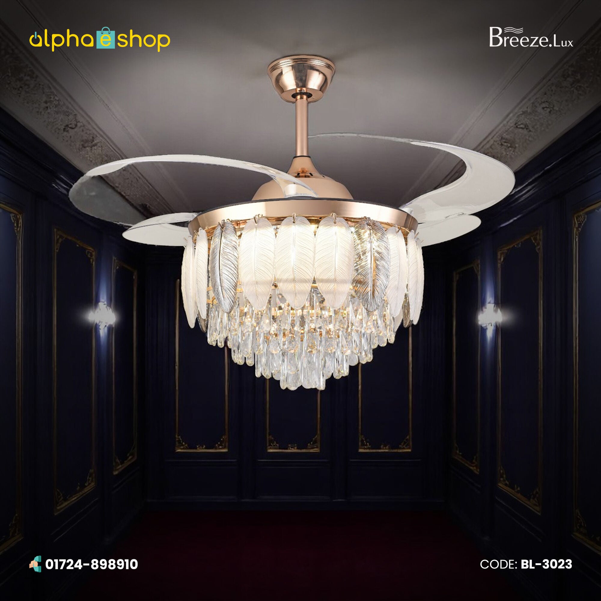 Picture of Qulik 48" Crystal Chandelier Retractable Invisible Blade Silent 3 Color Change LED Remote Ceiling Fan (Golden) | Q-T8255-BK-WH  | Free Delivery-Golden