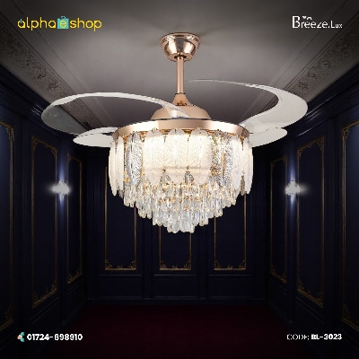 Picture of Qulik 48" Crystal Chandelier Retractable Invisible Blade Silent 3 Color Change LED Remote Ceiling Fan (Golden) | Q-T8255-BK-WH  | Free Delivery-Golden