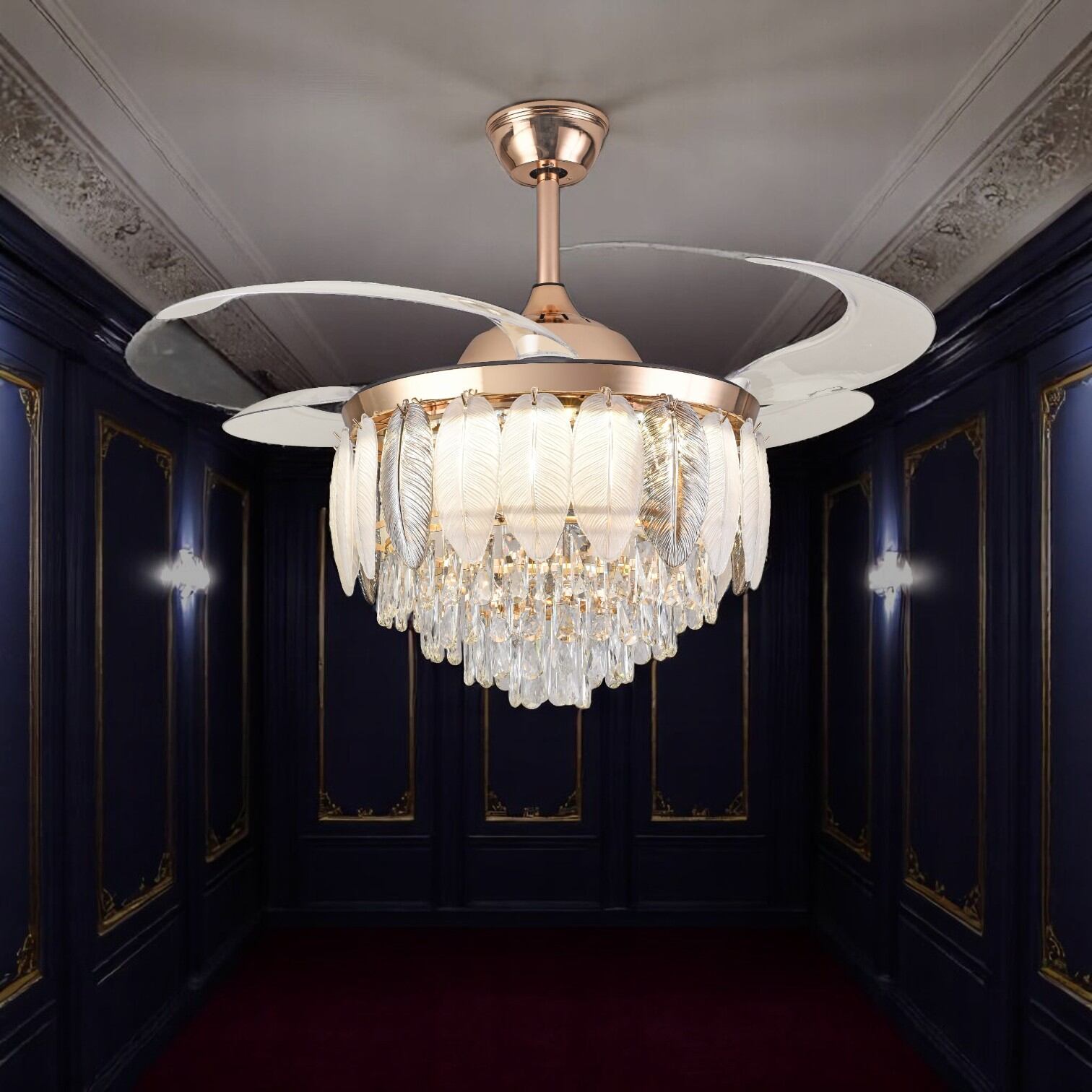 Picture of Qulik 48" Crystal Chandelier Retractable Invisible Blade Silent 3 Color Change LED Remote Ceiling Fan (Golden) | Q-T8255-BK-WH  | Free Delivery-Golden