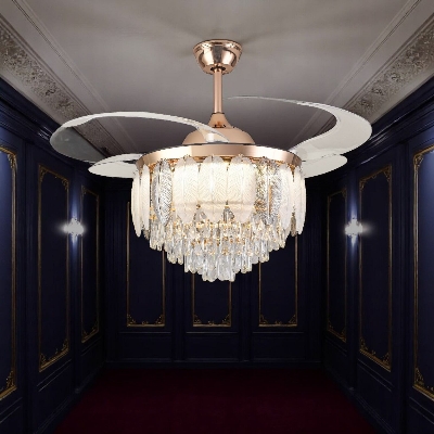 Picture of Qulik 48" Crystal Chandelier Retractable Invisible Blade Silent 3 Color Change LED Remote Ceiling Fan (Golden) | Q-T8255-BK-WH  | Free Delivery-Golden