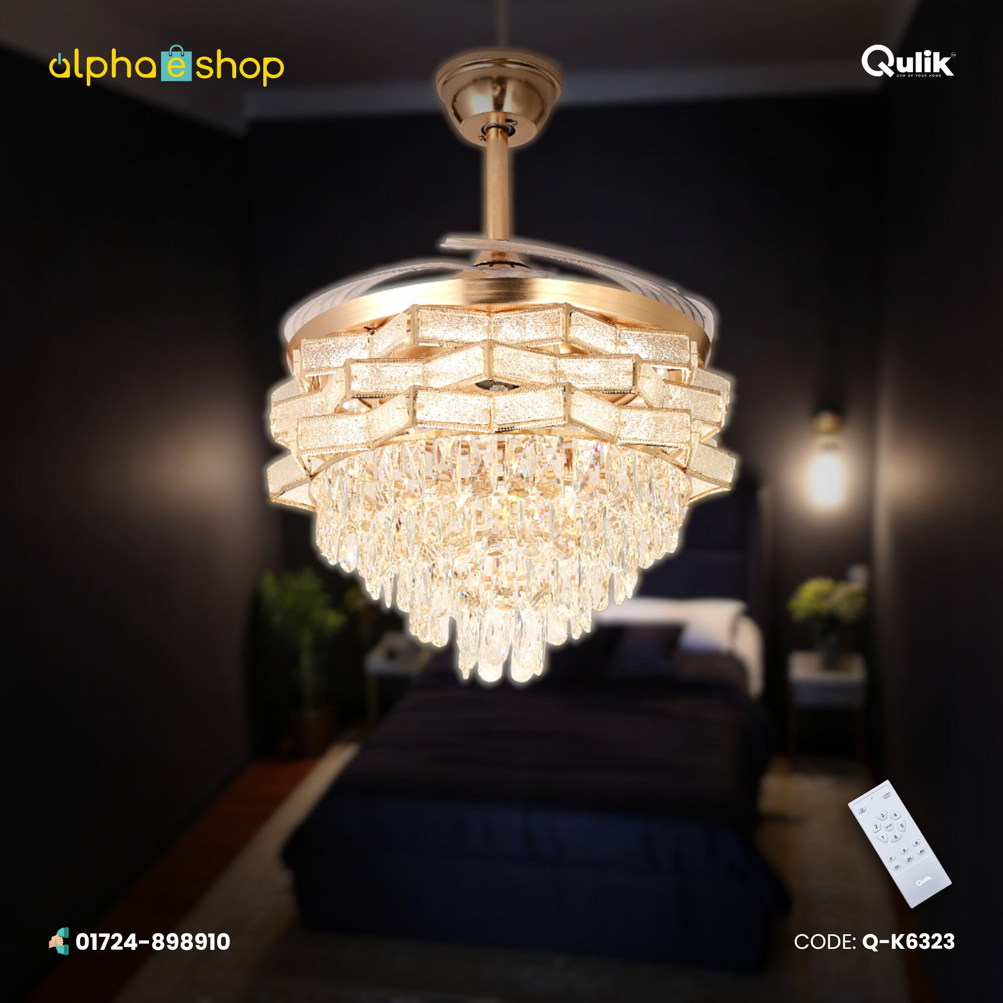 Picture of Qulik 48" Crystal Chandelier Retractable Invisible Blade Silent 3 Color Change LED Remote Ceiling Fan (Golden) | Q-T8255-BK-WH | Free Delivery-Golden