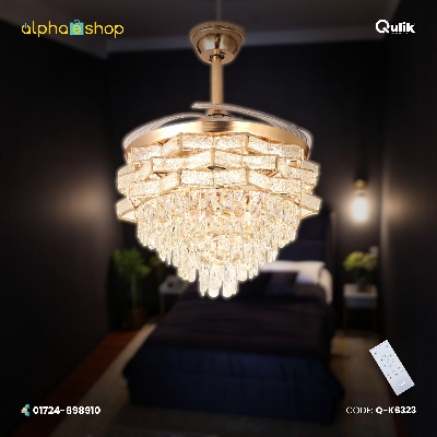 Picture of Qulik 48" Crystal Chandelier Retractable Invisible Blade Silent 3 Color Change LED Remote Ceiling Fan (Golden) | Q-T8255-BK-WH | Free Delivery-Golden