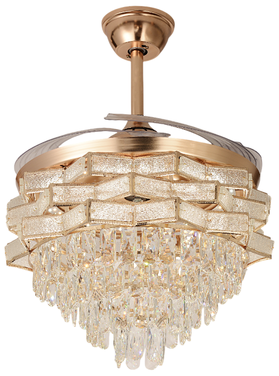Picture of Qulik 48" Crystal Chandelier Retractable Invisible Blade Silent 3 Color Change LED Remote Ceiling Fan (Golden) | Q-T8255-BK-WH | Free Delivery-Golden