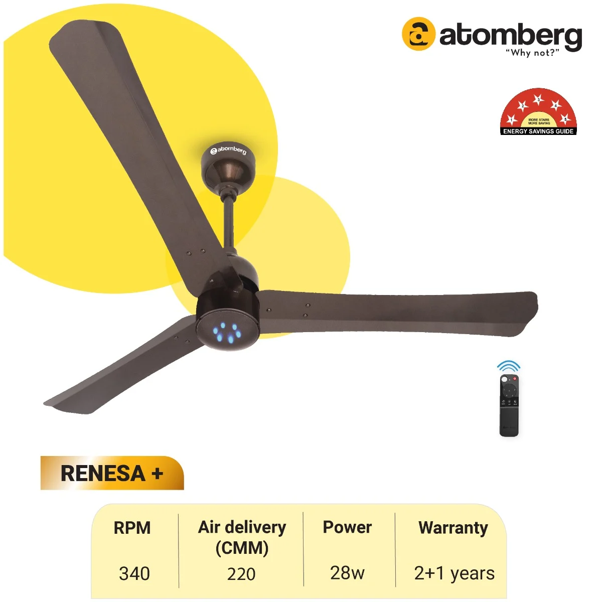 Picture of Atomberg Renesa + 56" 35Watt BLDC Motor Energy Saving Anti-Dust Speed Indicator Light Ceiling Fan With Remote Control ( Earth Brown ) AT-107 | Free Delivery-Earth Brown