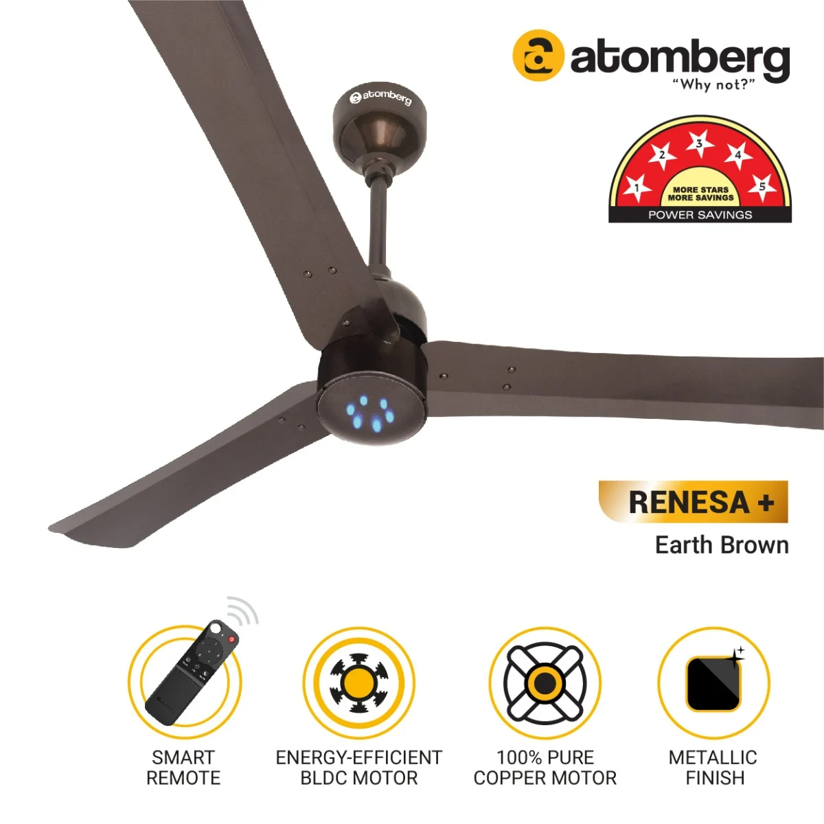 Picture of Atomberg Renesa + 56" 35Watt BLDC Motor Energy Saving Anti-Dust Speed Indicator Light Ceiling Fan With Remote Control ( Earth Brown ) AT-107 | Free Delivery-Earth Brown