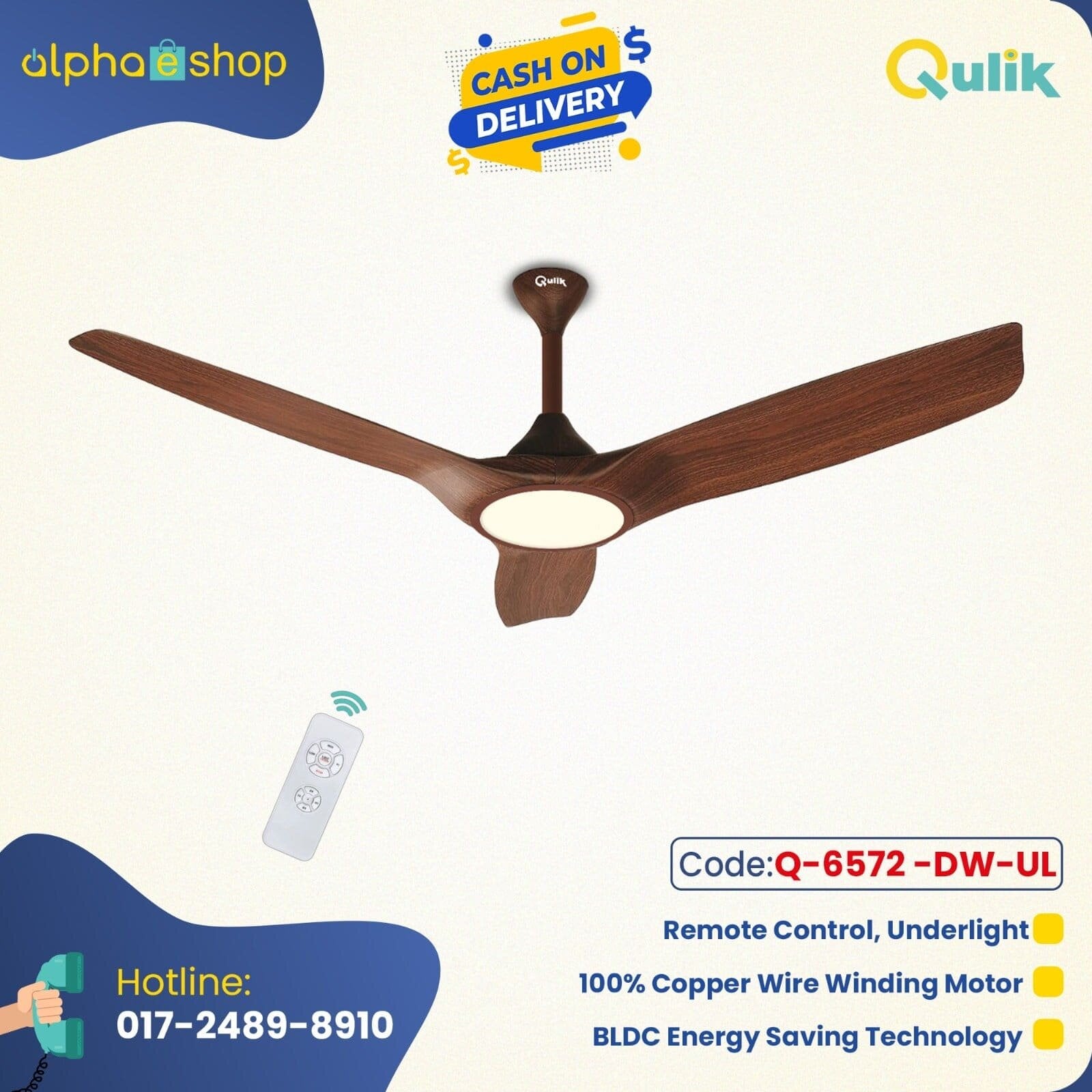 Picture of Qulik Aerovane 52" Modern Decorative Silent ABS Blade Remote Under Light Ceiling Fan (Dark Wooden) Q-6572-DW-UL | Free Delivery-Dark Wooden