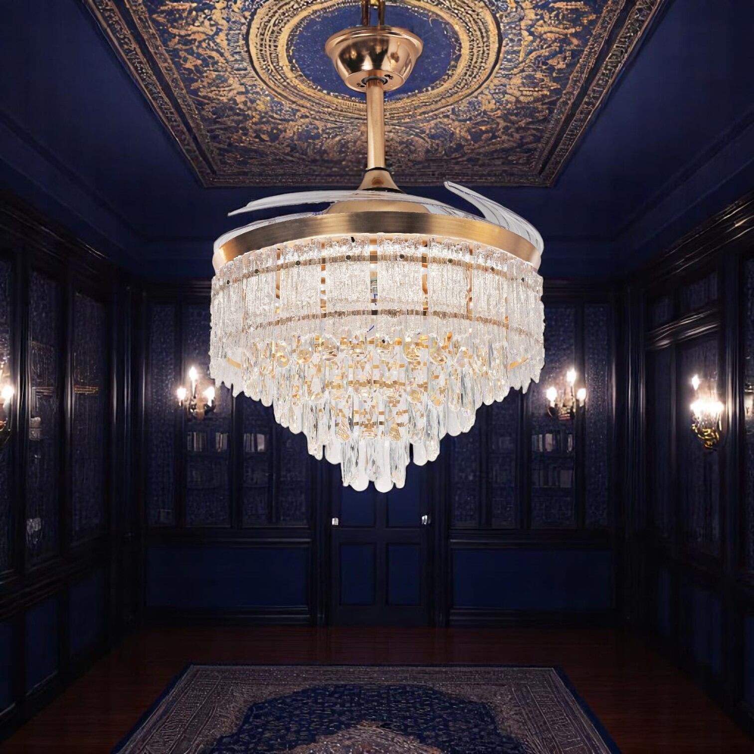 Picture of Qulik 48" Crystal Chandelier Retractable Invisible Blade Silent 3 Color Change LED Remote Ceiling Fan (Golden) | Q-T8329-Golden