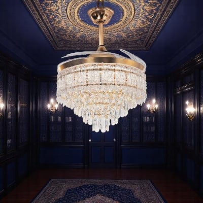 Picture of Qulik 48" Crystal Chandelier Retractable Invisible Blade Silent 3 Color Change LED Remote Ceiling Fan (Golden) | Q-T8329-Golden